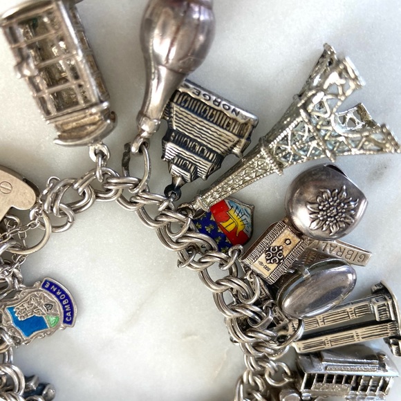 Vintage sterling silver travel charm bracelet 29 moving opening heart padlock - Picture 6 of 6